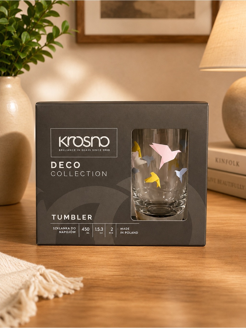 Krosno Deco Collection Glass Tumblers Set of 2 Origami Bird Design NWT / NIB